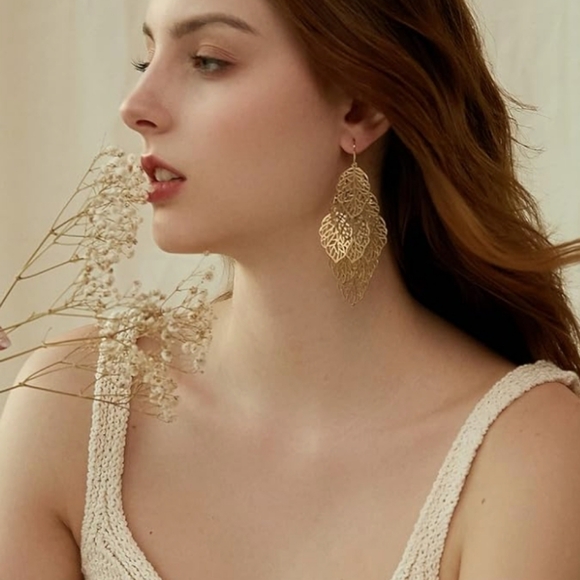 14K Gold Plated Lightweight Leaf Dangle Drop Earrings - Picture 2 of 7